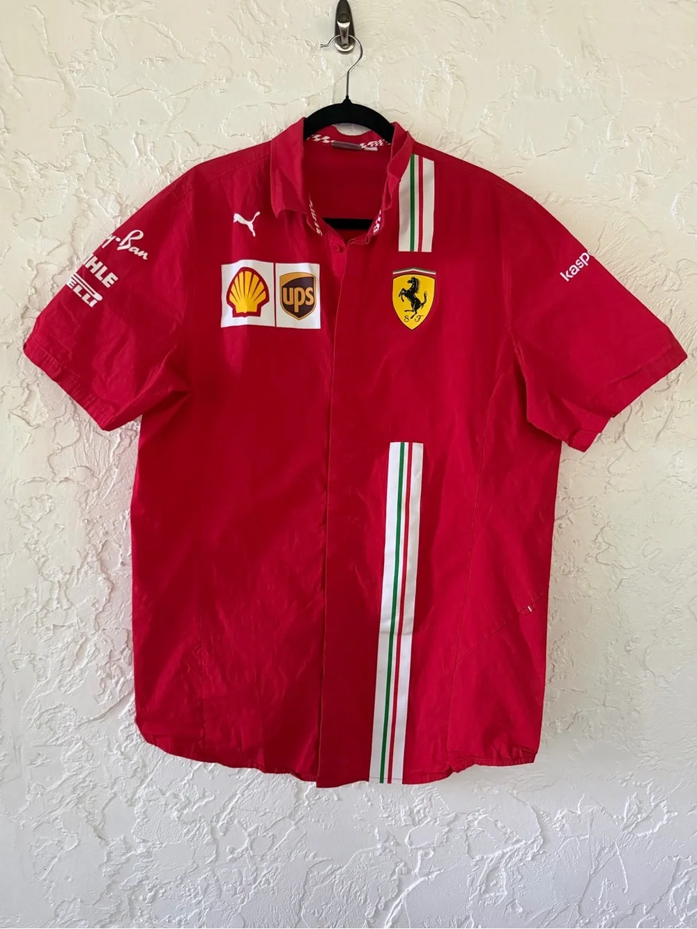 Puma Ferrari Red Short-Sleeve Button Down Shirt with Italian Stripe - Picture 1 of 4
